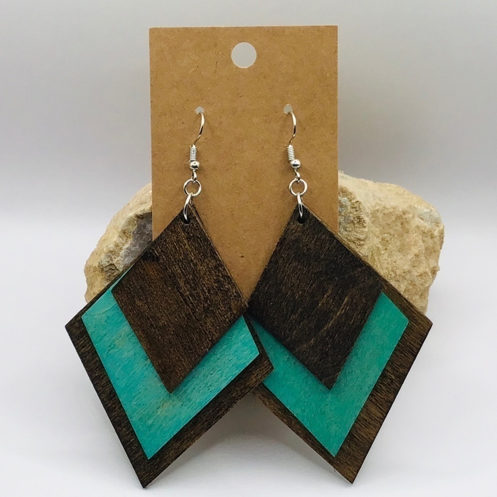 WOOD Earrings Dangle Handmade Boho Retro Diamond Lightweight Brown Teal Blue